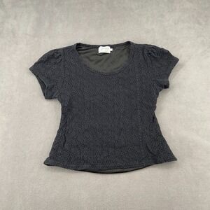 Yellowberry T Shirt Womens XL Black Cotton Lace Overlay Puff‎ Sleeve Round Neck